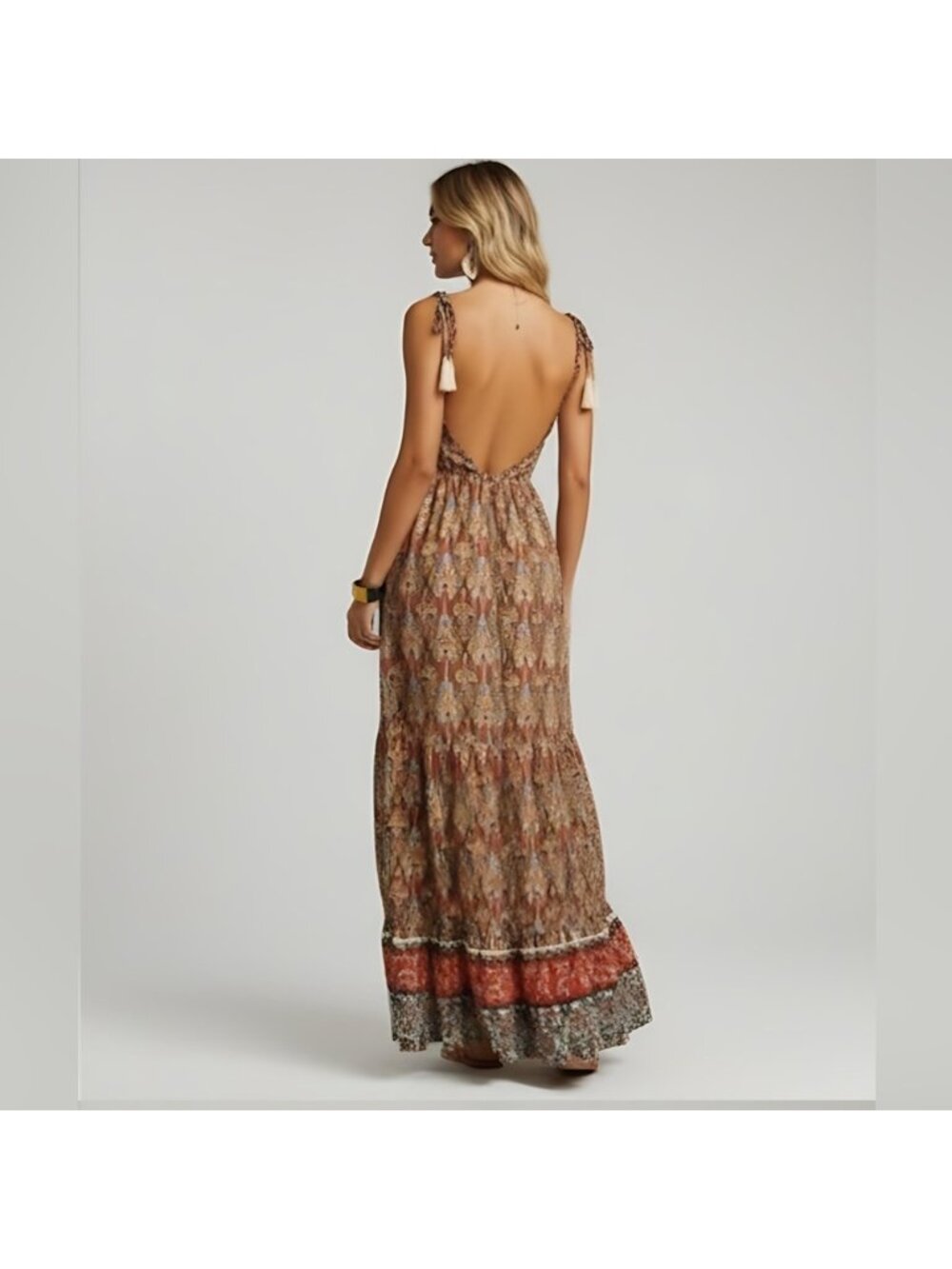 Boho Floral Print Backless Tie Shoulder Ruffle Hem Cami Dress - Picture 2 of 11